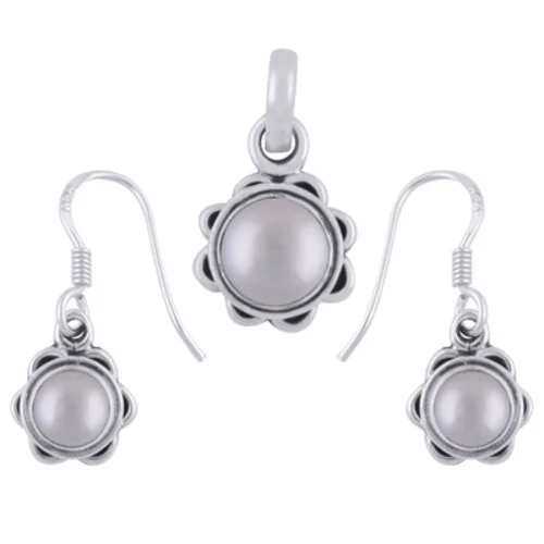 Pearl Round Shape 925 Sterling Solid Silver Pendant Set