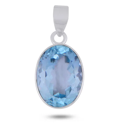 Plain Collet Natural Blue Topaz Oval Shape Solid Silver Pendant