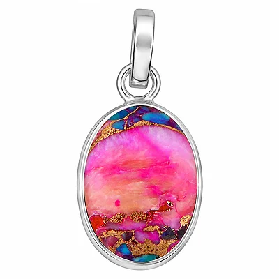 Pink Dahlia Copper Turquoise Oval Shape Solid Silver Pendant