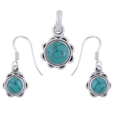 Turquoise Round Shape 925 Sterling Solid Silver Pendant And Earrings Set