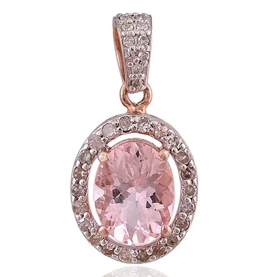 Natural Morganite Mesmerising Diamond Studded Around Oval Shape 925 Sterling Solid Silver Pendant