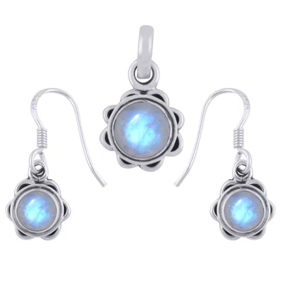 Rainbow Moonstone Round Shape 925 Sterling Solid Silver Pendant And Earrings Set