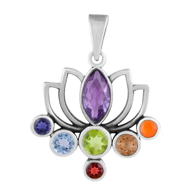 Flower Chakra Gemstones Multi Shape Solid Silver Pendant