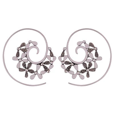 Alluring Textured Flower Around Silver Plating Plain Solid Brass Hoop Earrings