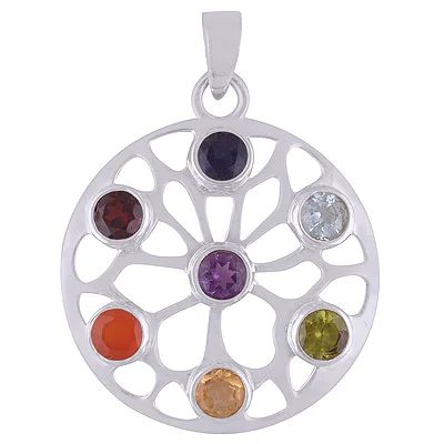 Beautiful Chakra Gemstones Round Shape Solid Silver Pendant