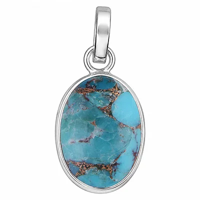 Blue Copper Turquoise Oval Shape Solid Silver Pendant