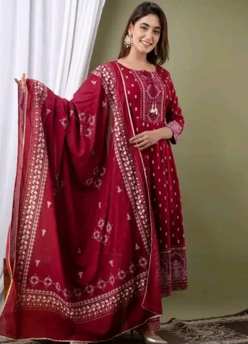Rayon Printed Anarkali Kurti with Pant and Dupatta Set