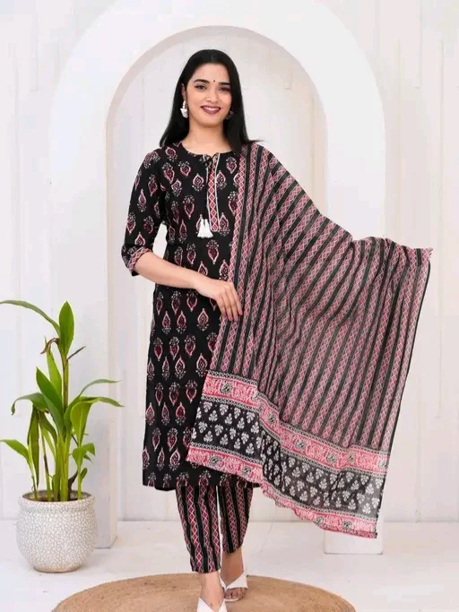 WOMENS ETHNIC WEAR KURTA SET WITH CHUNNI AND DUPATTA 3 PC BLACK