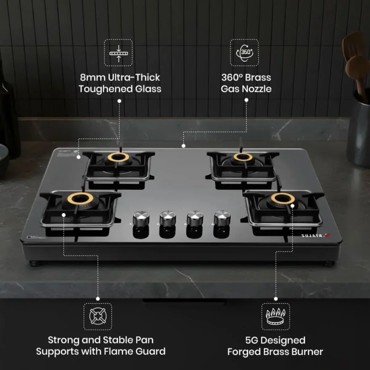 Sujata Premium Gas Stove 4 Burners Glass Top