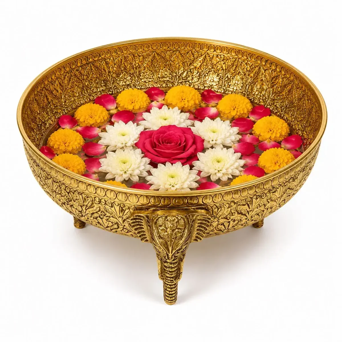 Decorative Brass Urli Bowl with Elephant Legs size 10 2