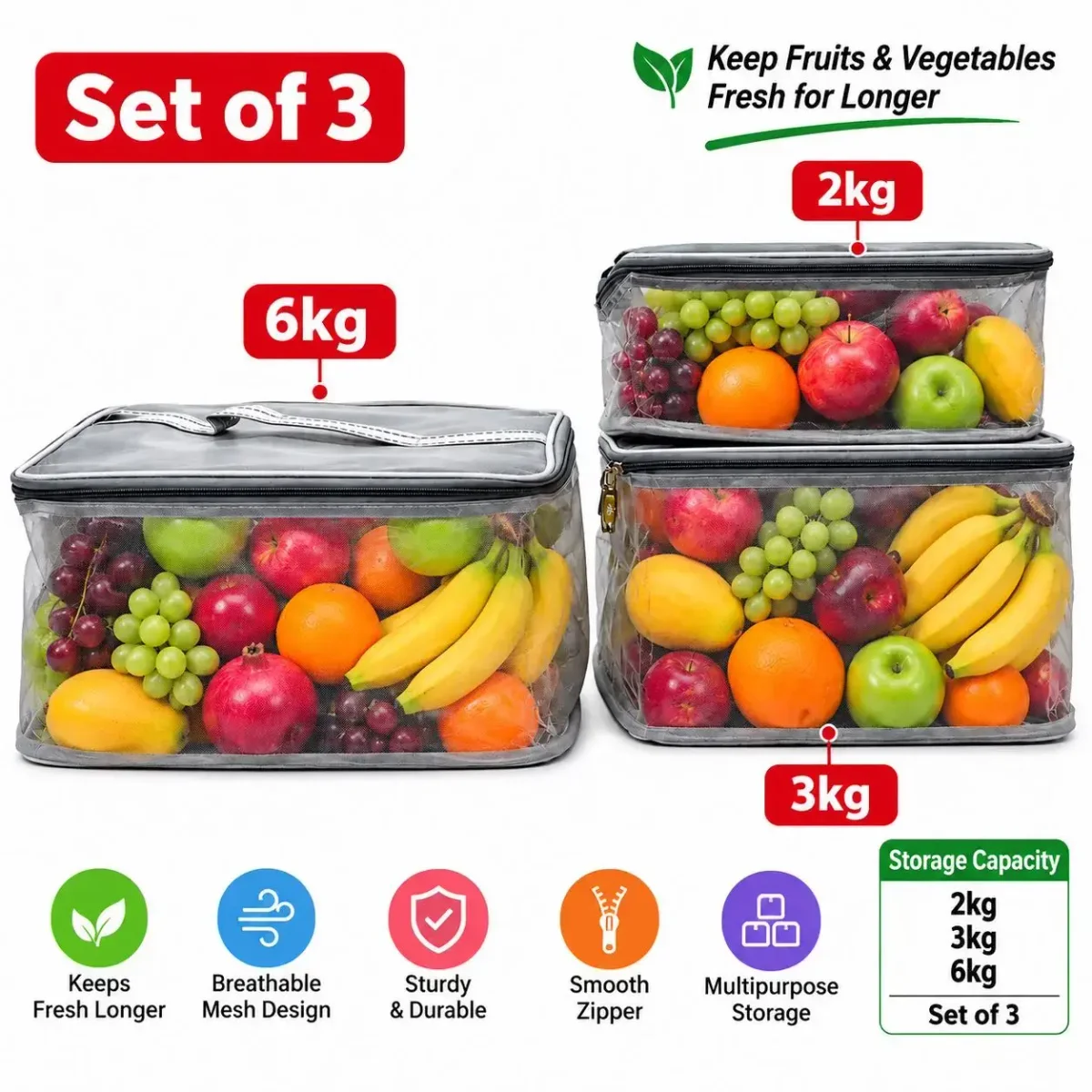 Steel Mesh Fruit Storage Cover with Zipper set of 3pc