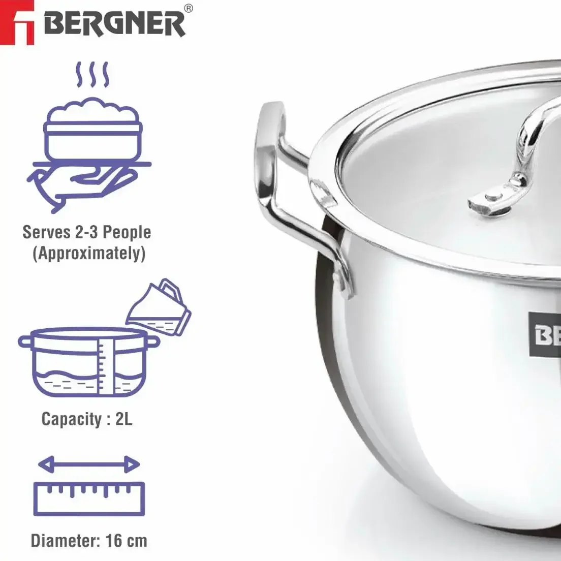 Bergner BE Essentials TriPly Stainless Steel 16cm Rice Handi with Lid