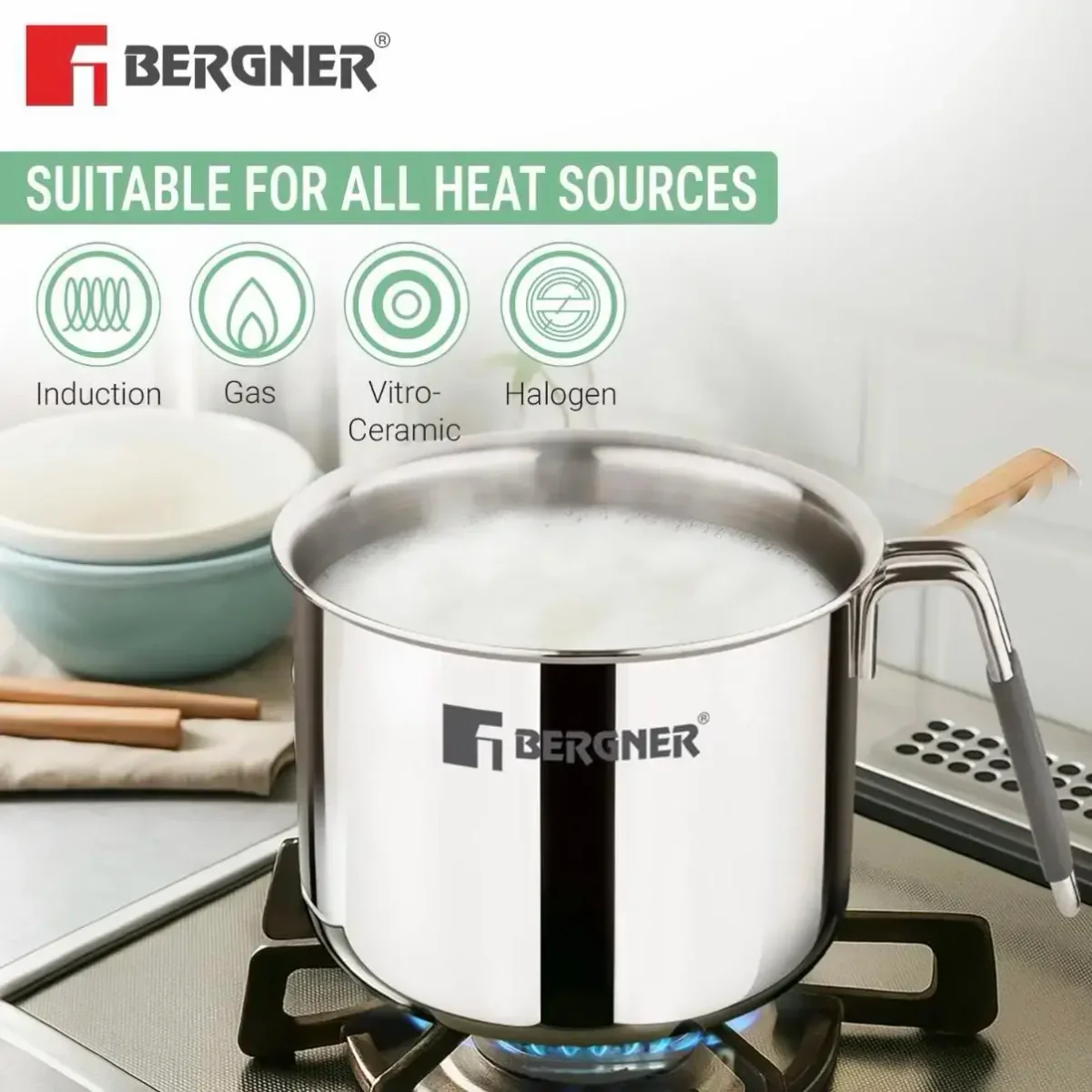 Bergner Argent Triply Stainless Steel 14cm (1.8L) Milk Boiler with Glass