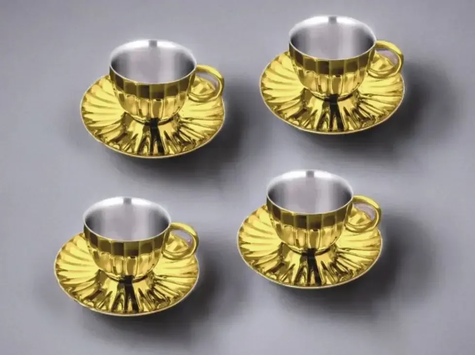 STAINLESS STEEL 4 PCS DOUBLE WALL CUP AND SAUCER WITH GOLD PVD COATING ESPRESSO  STEP DESIGN