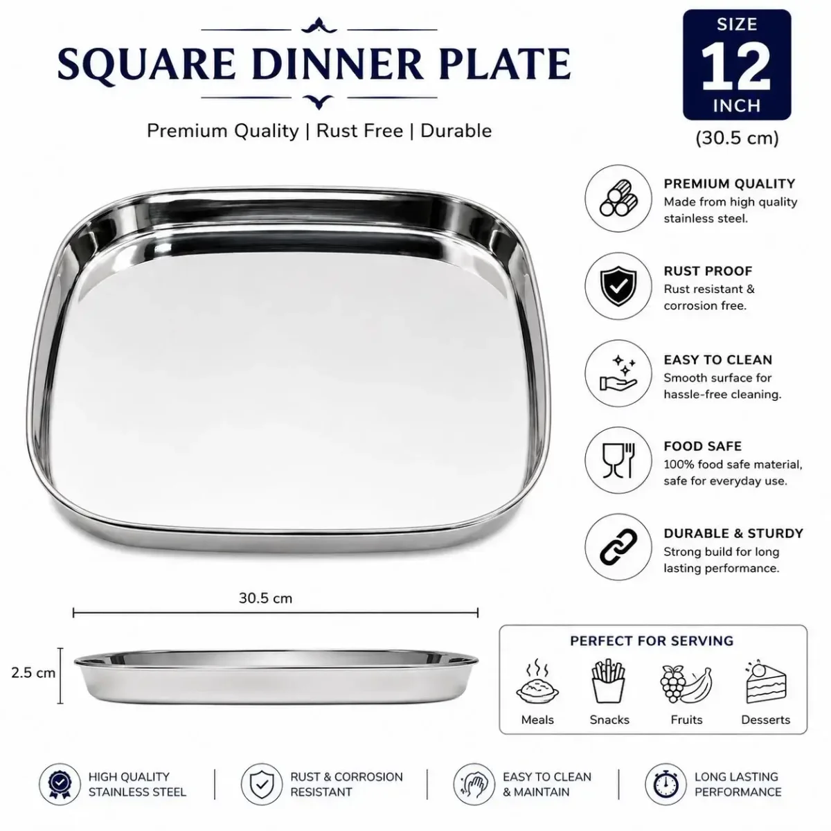 Square steel breakfast plate 12inches pcak of 6pieces