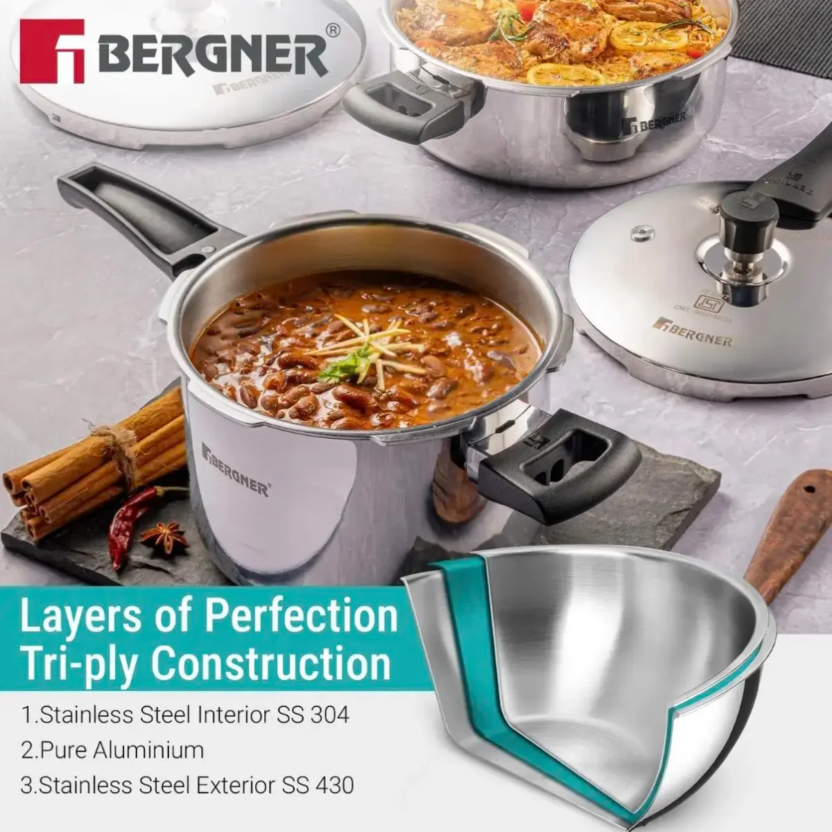 Bergner Argent Classic Triply Stainless Steel 5.5 Liters Outer Lid Pressure Cooker, Triply 2