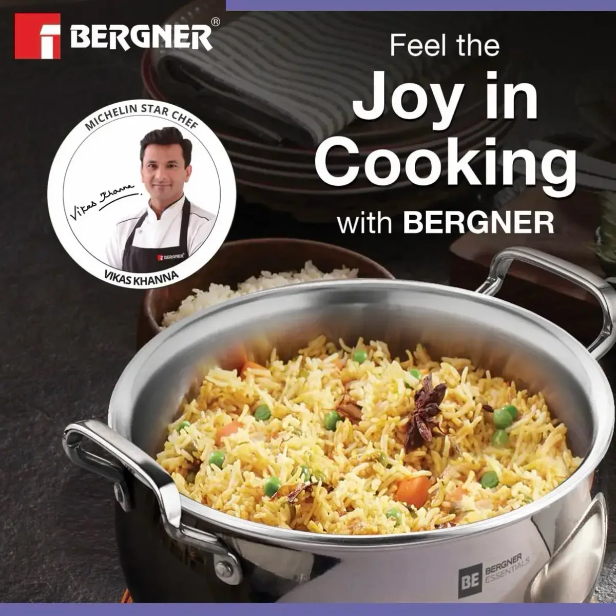 Bergner BE Essentials TriPly Stainless Steel 18 cm (3.2 L) Rice Handi with Glass Lid