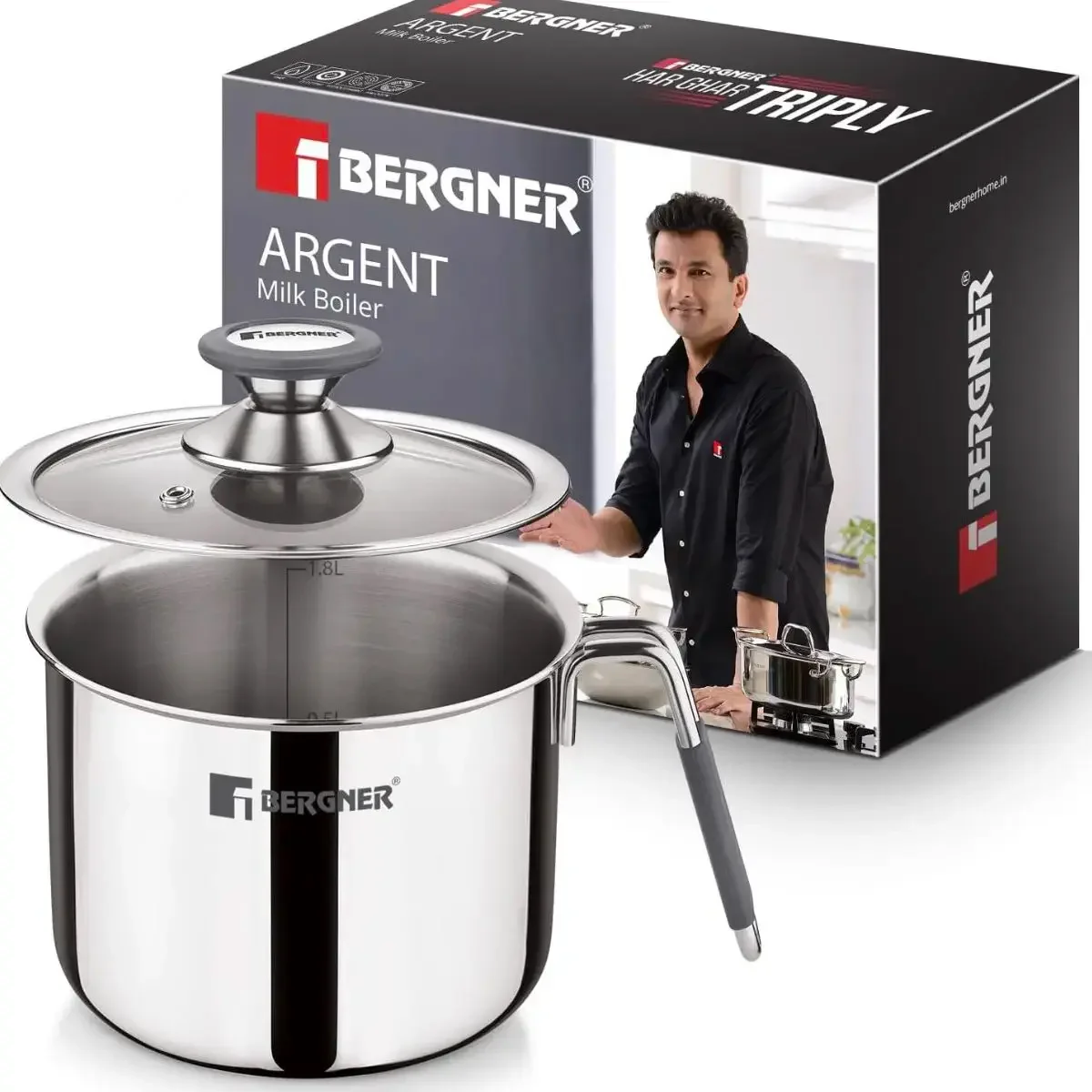 Bergner Argent Triply Stainless Steel 14cm (1.8L) Milk Boiler with Glass 2