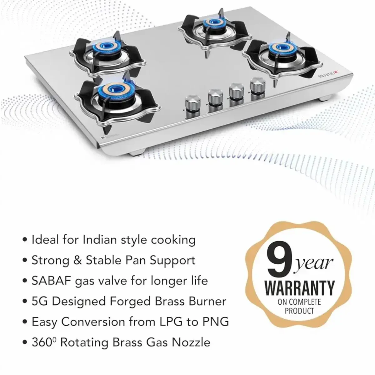 Sujata Robusto Gas Stove 4 Burners Steel Body Auto Ignition