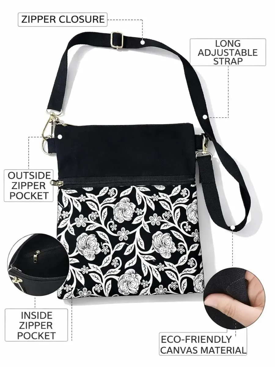 Floral print black canvas sling bag 3