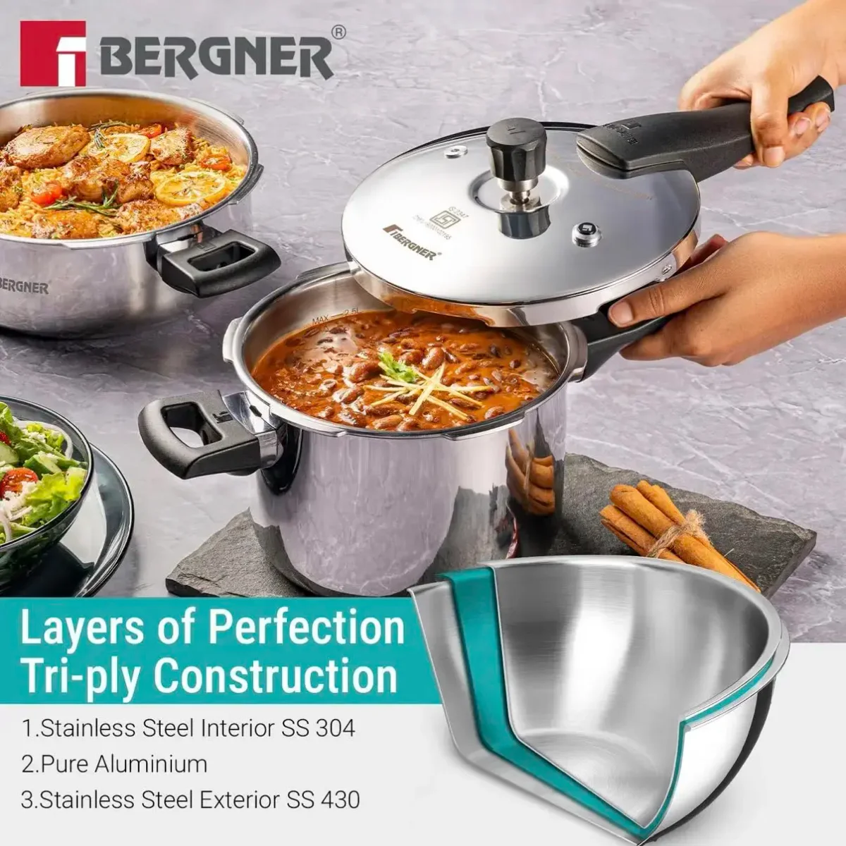 Bergner Argent Classic Triply Stainless Steel 8 Liters Outer Lid Pressure Cooker, Big Size Triply Cooker