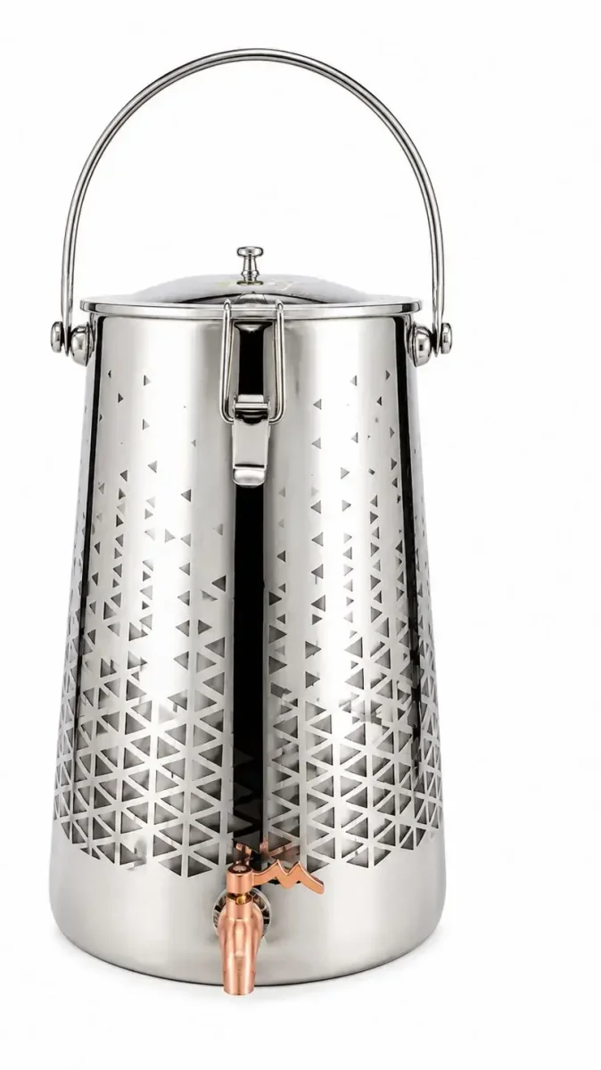 Laser Patterned Design Stainless Steel Matka with Tap | Stainless Steel Water Dispenser 15 Litre Pot