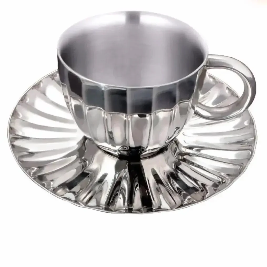 STAINLESS STEEL 4 PCS DOUBLE WALL CUP AND SAUCER  ESPRESSO STEP DESIGN 2