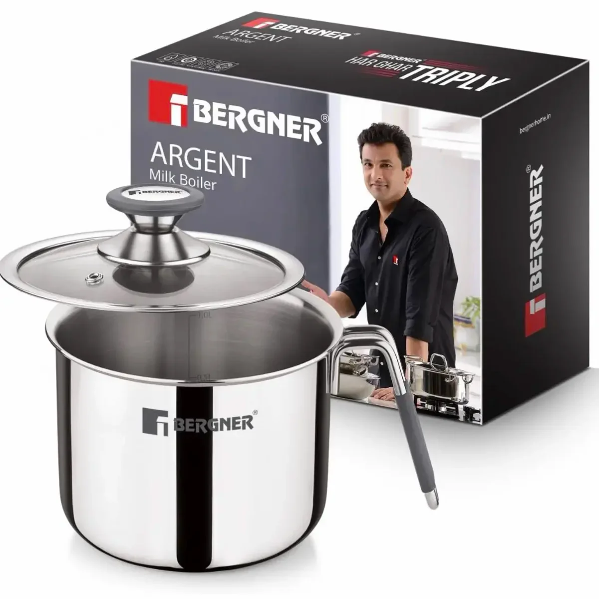 Bergner Argent Triply Stainless Steel 12cm (1 L) Milk Boiler with Glass Lid 2