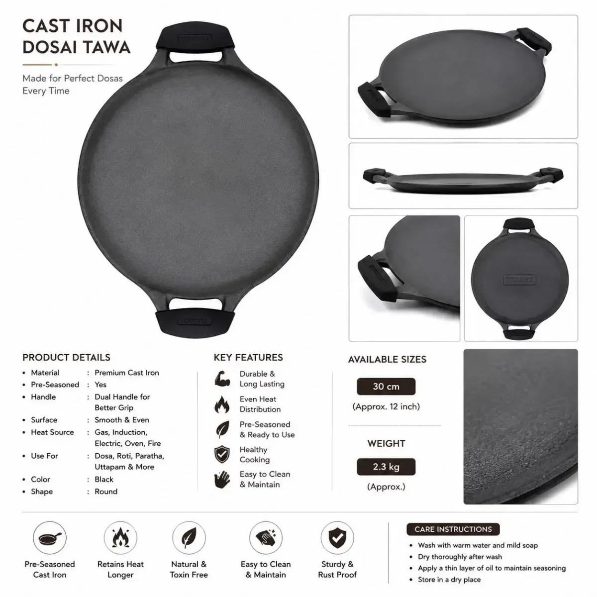 TITANEX CAST IRON Pre-Seasoned Flat Tawa  30 cm