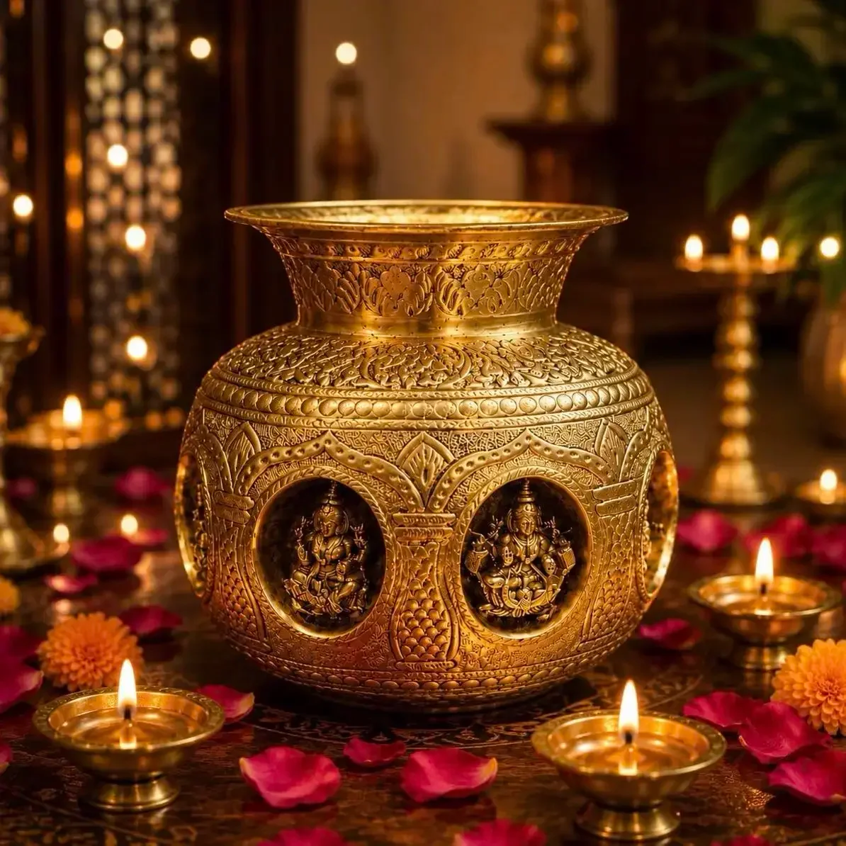 Premium Brass Ashtalakshmi Puja Kalash | Traditional 8 Lakshmi Engraved Kalash for Mandir, Festivals & Religious