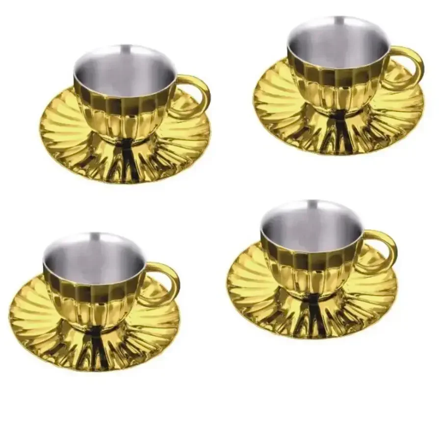 STAINLESS STEEL 4 PCS DOUBLE WALL CUP AND SAUCER WITH GOLD PVD COATING ESPRESSO  STEP DESIGN 2