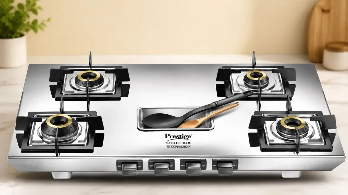 Prestige Stellora Stainless Steel L.P. Gas Stove (With Stainless Steel Body and 4 Unit Brass Burners)