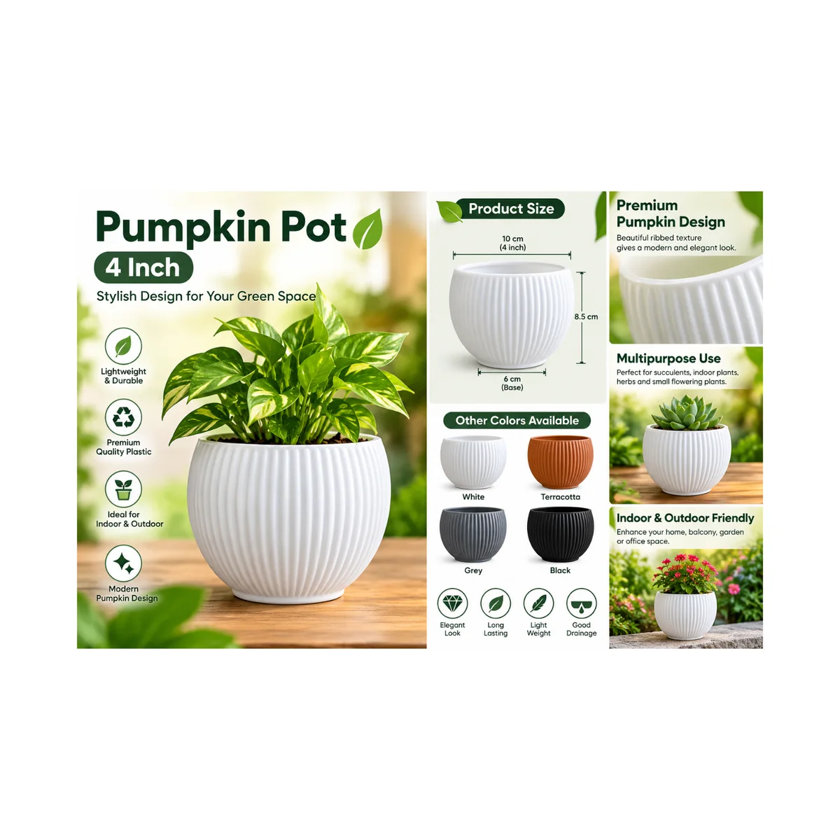 4 Inch Pumpkin Plant Pot – Stylish Ribbed Decorative Plastic Pot for Indoor & Outdoor Plants 2