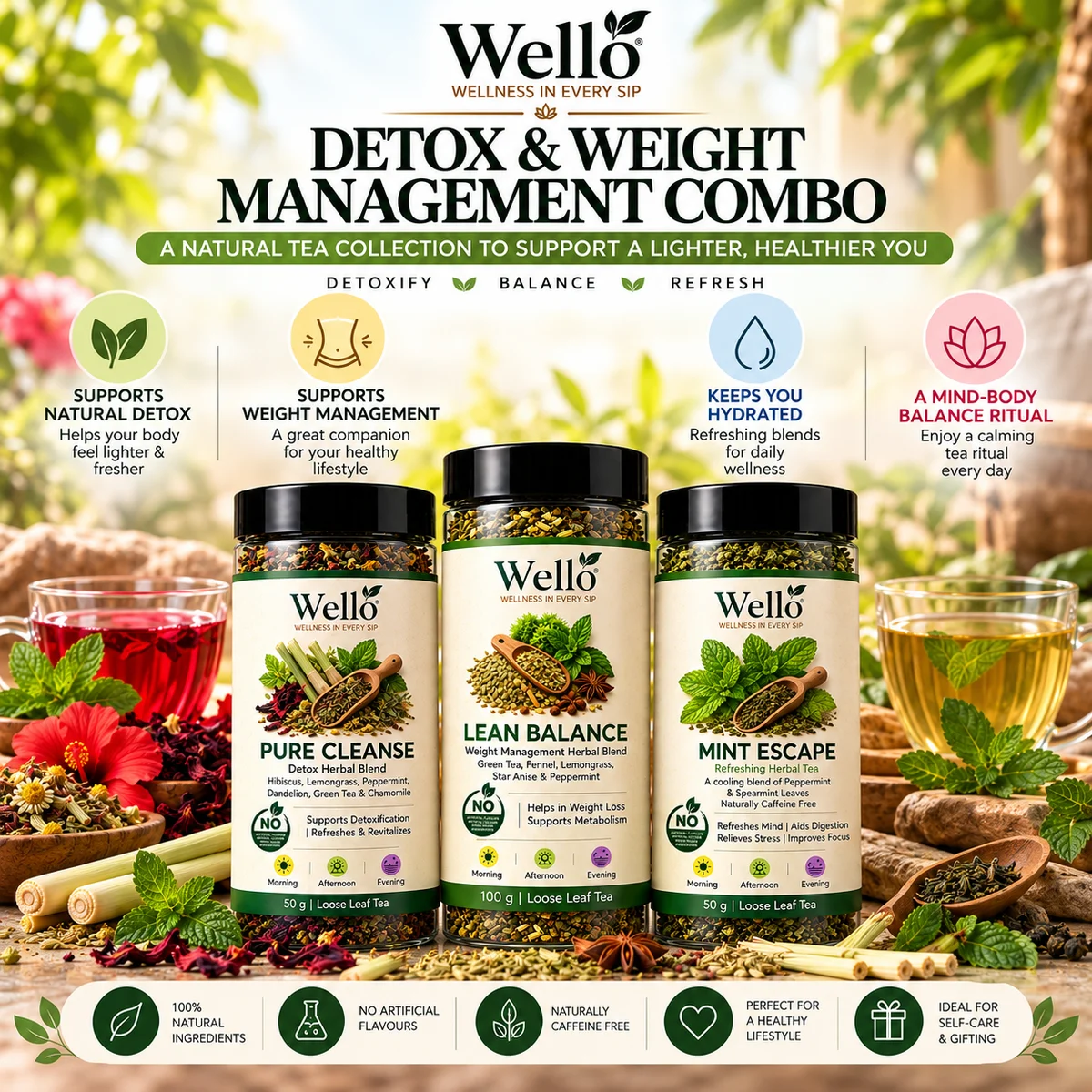 Detox & Weight Management Combo {Pure Cleanse (50 g) + Lean Balance (100 g) + Mint Escape (50 g)}