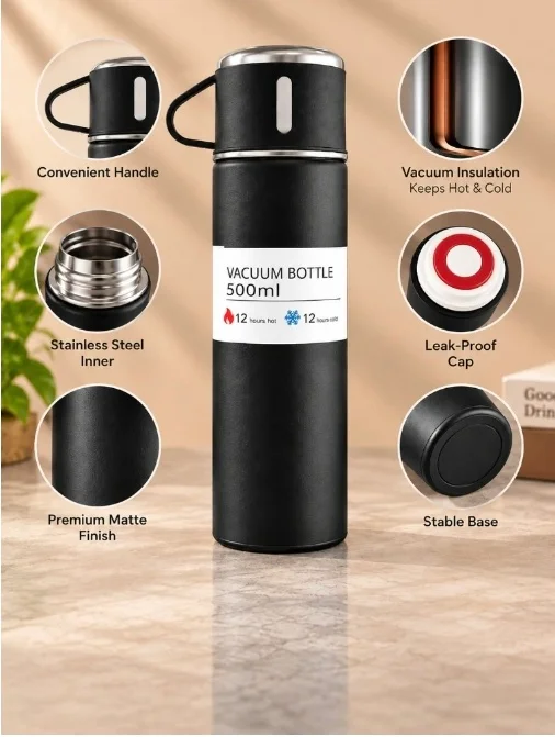 Black Stainless Steel Vacuum Flask Set