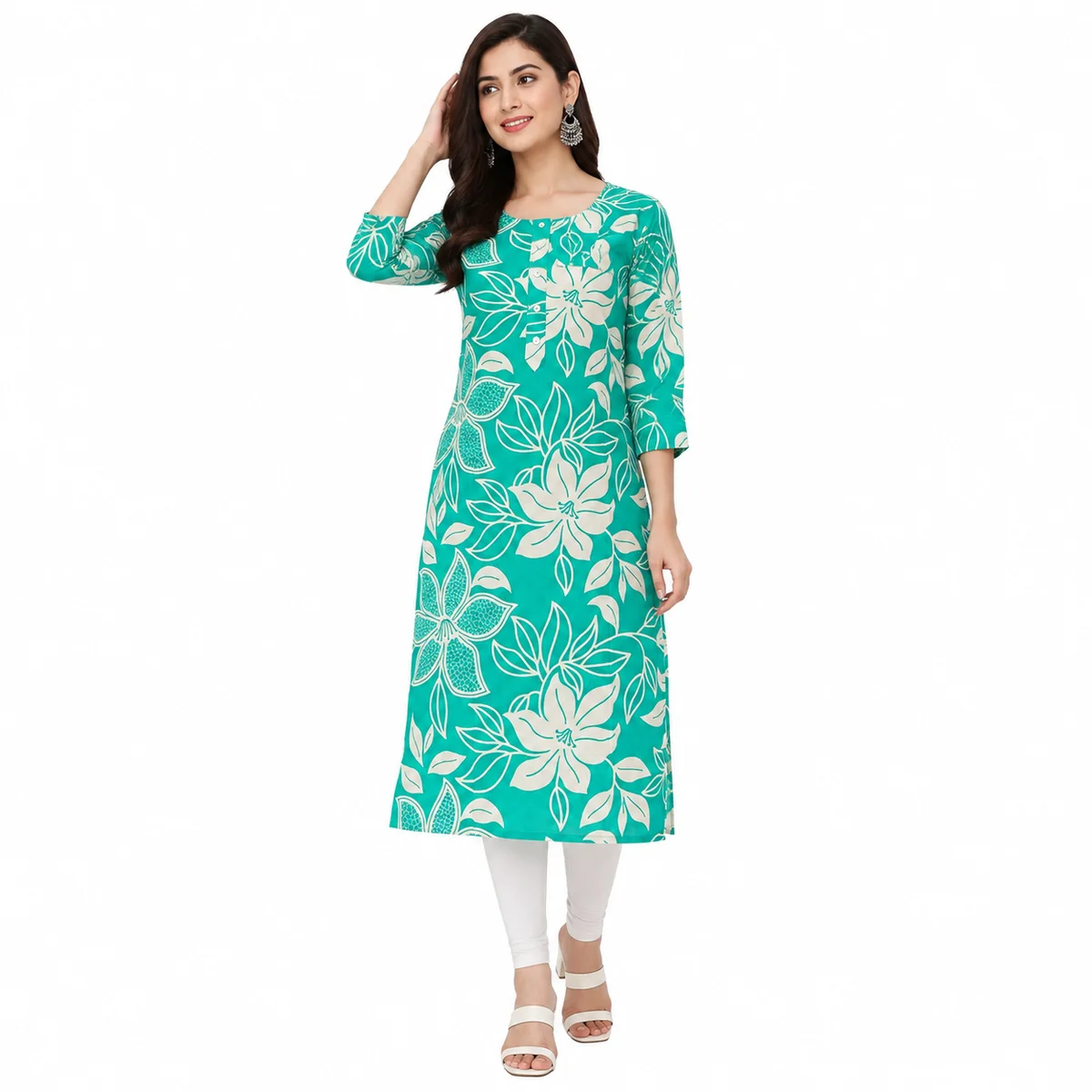Green and White floral print Combination pure cotton kurti