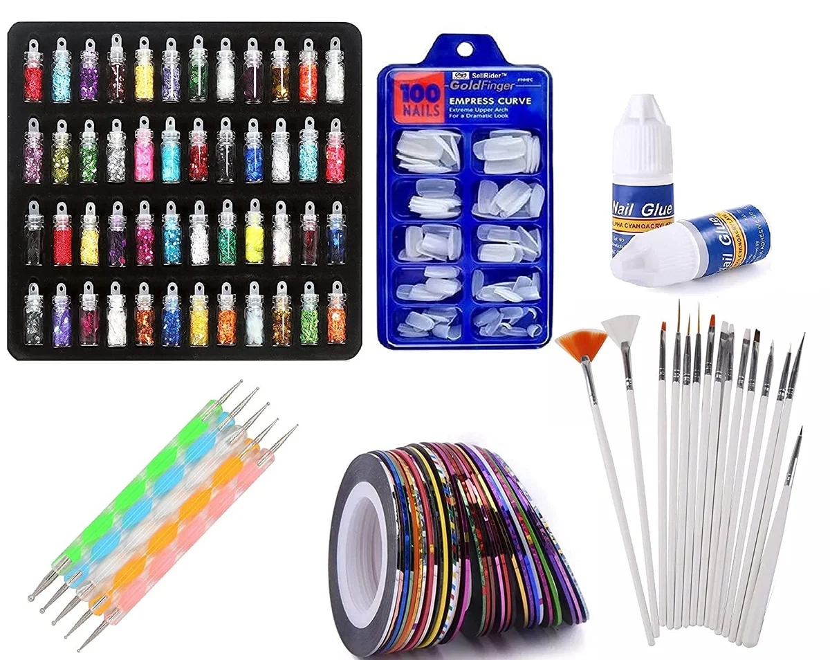 Nail Art Kit - 48 Pcs Glass Bottles Glitter Stones, 100 Nails,10 Nail Tapes, 15 Nail Art brush, 5 Nail Dotting Pen with 2 Glue (Nail Art Kit)