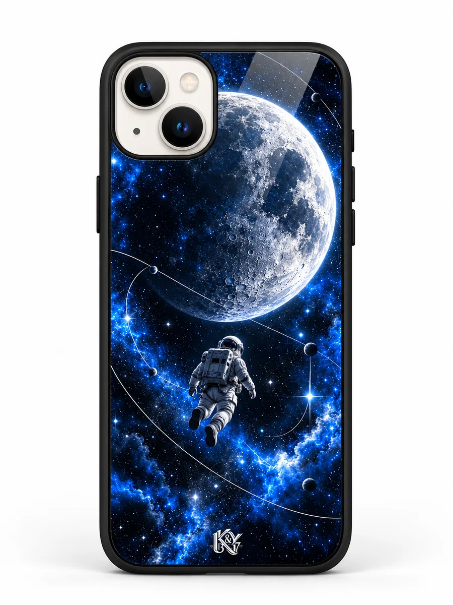 Lunar Drift moon and astronaut iPhone glass cover with a tiny K&Y logo — generated design preview