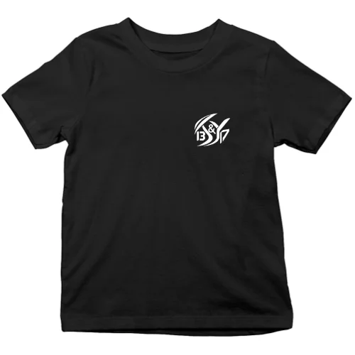 GetPrintX design preview: black kids’ tee with a small white K&Y 13&17 monogram, design 176.