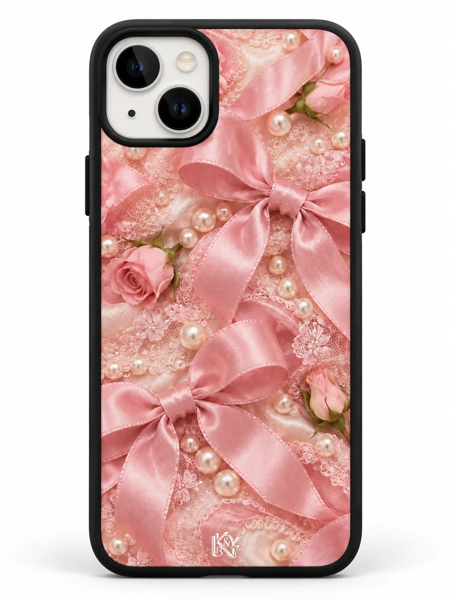 Bow Muse pink satin bows, pearls and lace iPhone matte cover with a tiny K&Y logo — generated design preview