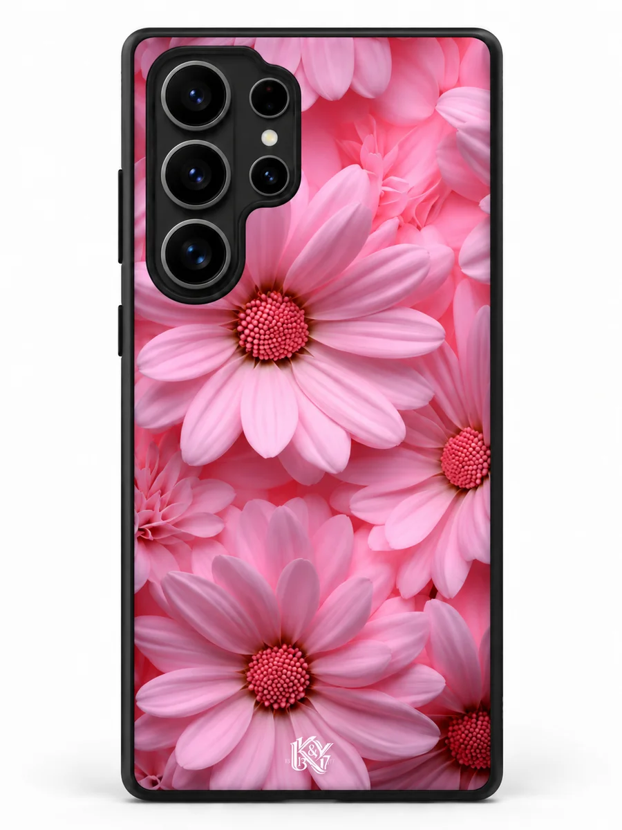 Pink Bloom pink floral wallpaper-style matte phone-cover design preview with a tiny K&Y 13&17 logo