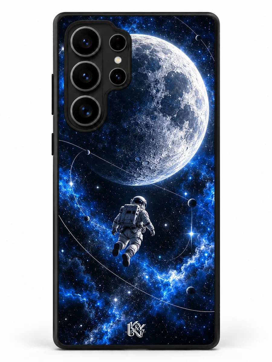 Lunar Drift astronaut and moon matte phone cover with a tiny K&Y logo — design preview