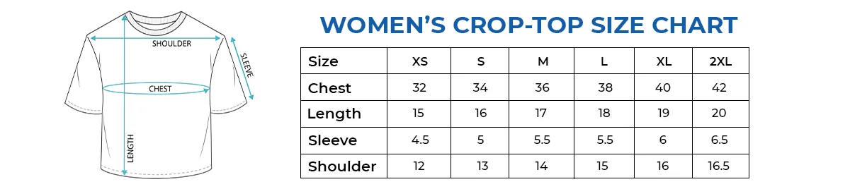 GetPrintX women’s crop top size chart, XS through XXL.