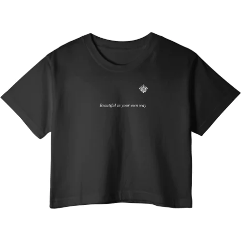 GetPrintX black crop top mockup with Beautiful in your own way across the upper chest and a small white K&Y 194 monogram.