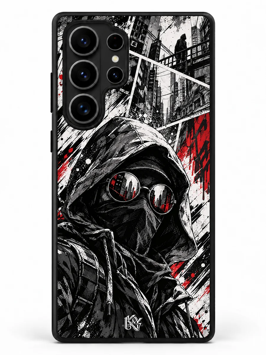 Shadow Comic monochrome hooded street-comic matte phone cover with a tiny K&Y logo — design preview