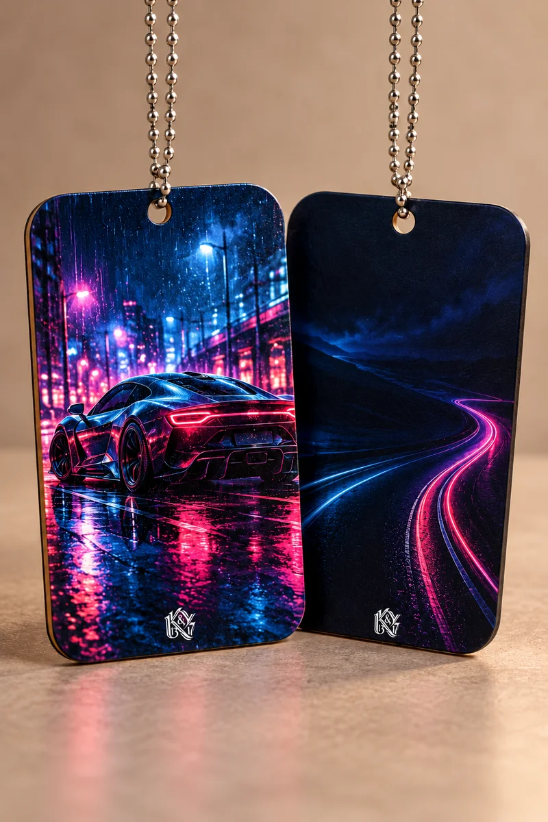 Two-sided car hanging artwork mockup, neon car front and midnight road reverse
