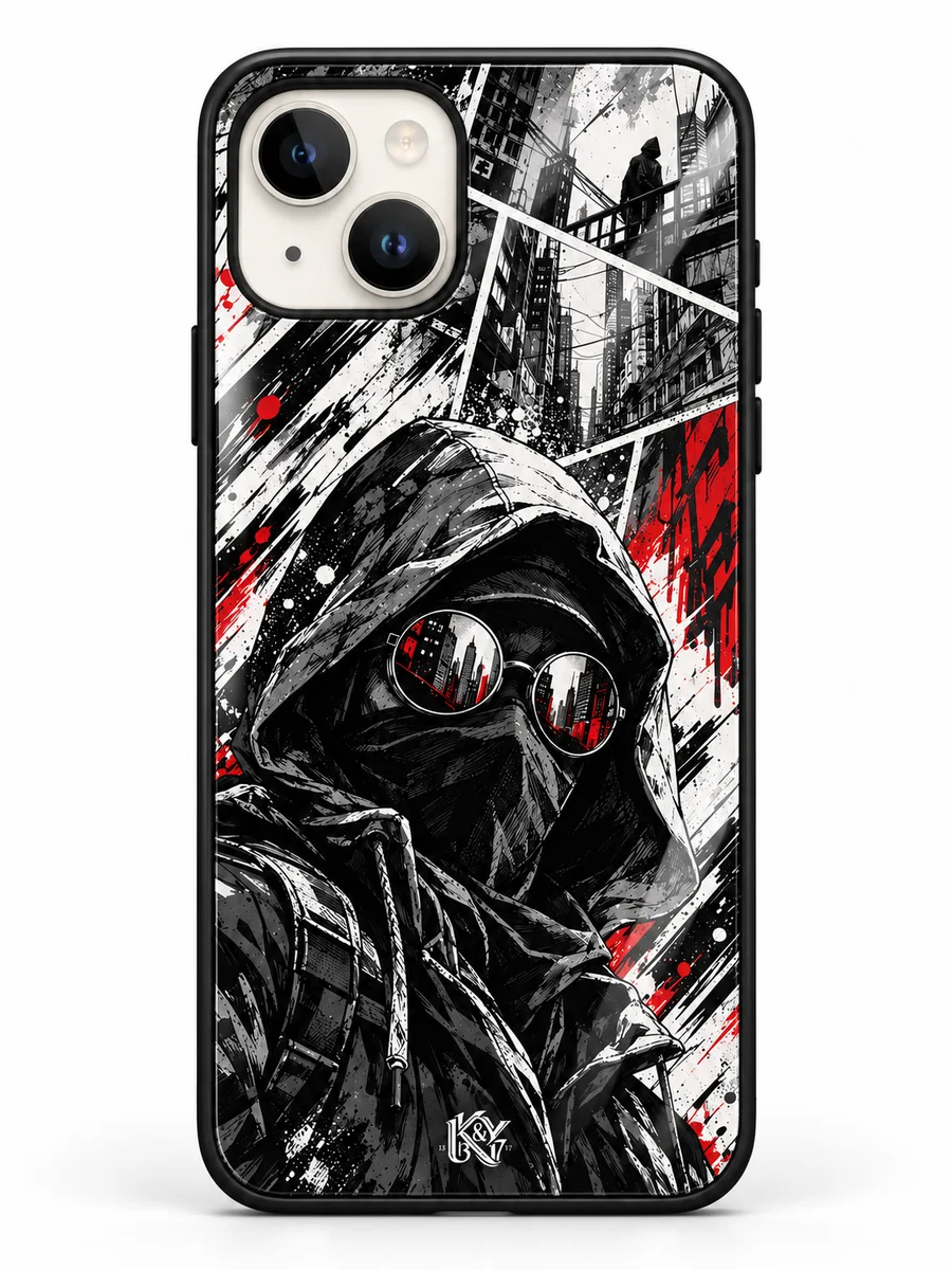 Shadow Comic monochrome street-comic iPhone glass cover with a tiny K&Y logo — generated design preview