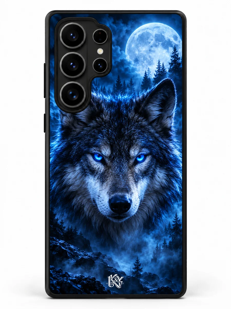 Neon Wolf electric blue wolf matte phone cover with a tiny K&Y logo — design preview