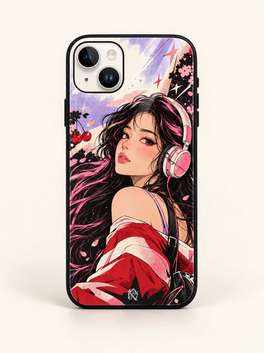 Comic Daydream pink-and-lilac comic heroine glass iPhone cover mockup with a tiny K&Y logo
