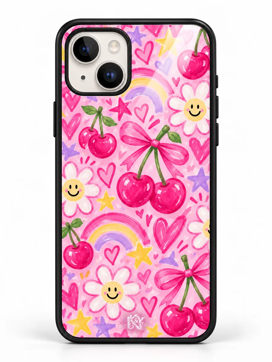 Preppy Pop pink doodle iPhone glass cover with a tiny K&Y logo — generated design preview